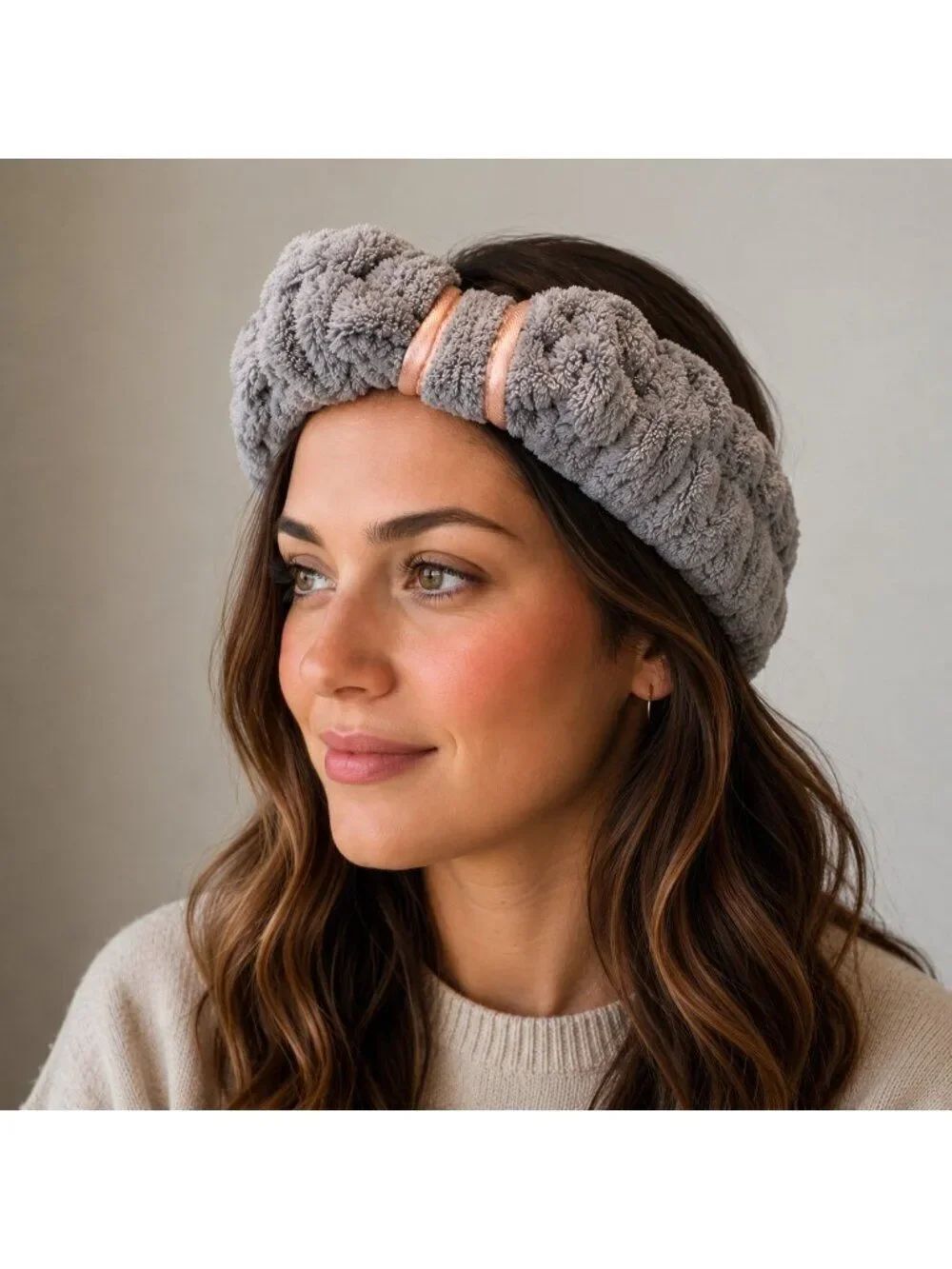 Gray Plush Terry Cloth Microfiber Headband Skin Care Makeup Hair Management Spa